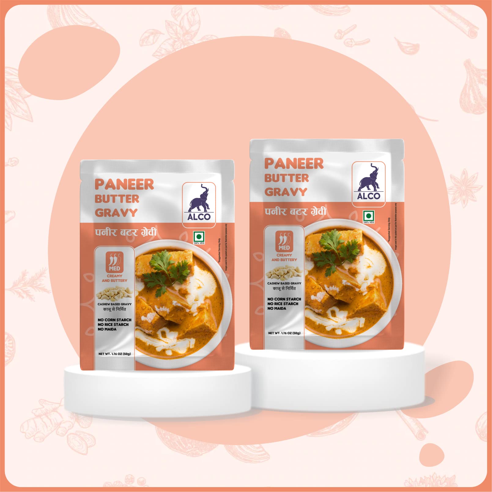 Alco Paneer Butter Gravy: All Natural and Fresh Instant Gravy Mix with Creamy Cashews and Traditional Indian Spices | Easy to Cook | 50g Pack of 2