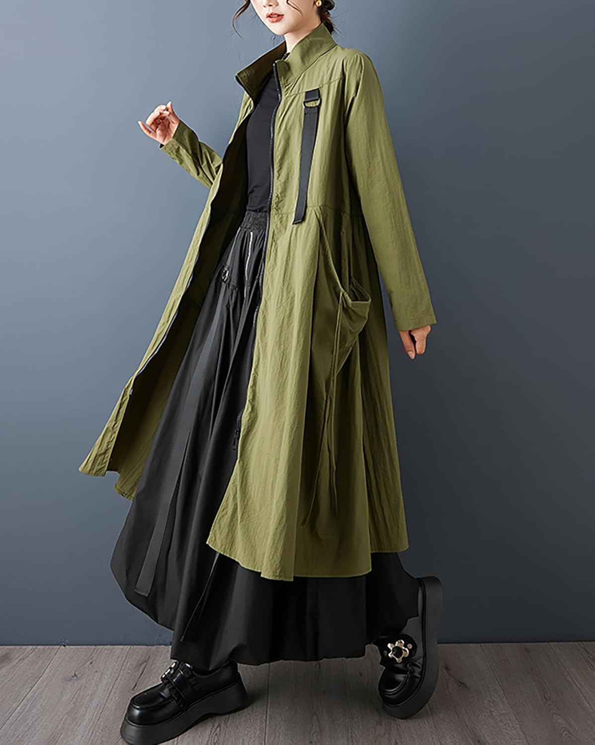 ellazhu Women's Coats Outerwear Mock Neck Zip Up Long Sleeve Side Pockets Oversized Maxi Hem GZ710 A - Image 4