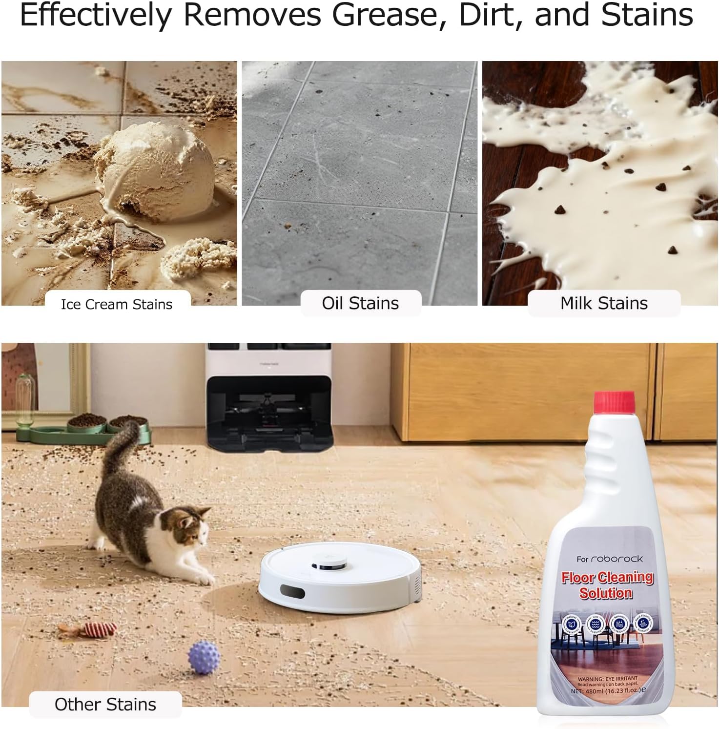 Detergente concentrato per pavimenti 2 x 480 ml, pH neutro per robot lavapavimenti e robot aspirapolvere, compatibile con Roborock, senza striature e senza schiuma, diluibile in 1:300