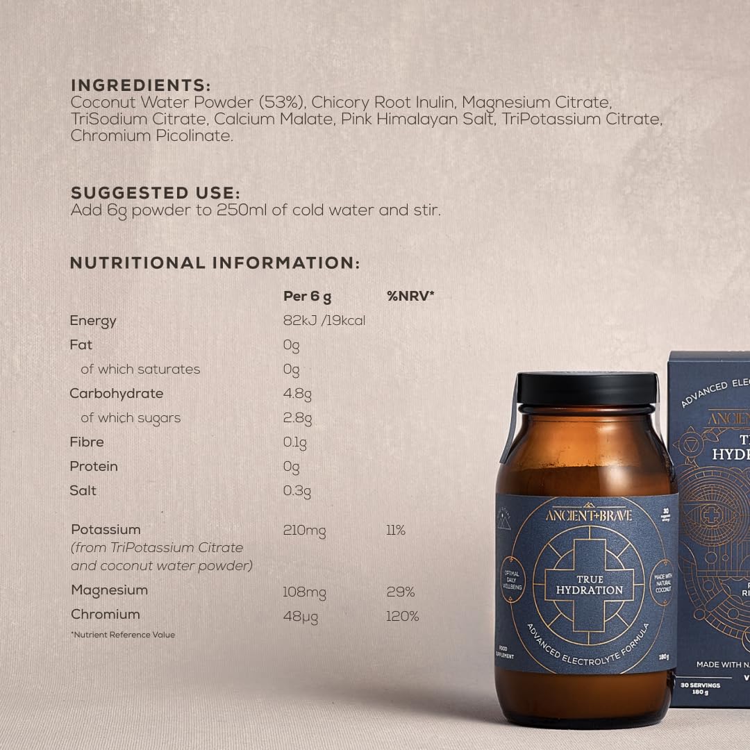 Ancient + Brave - True Hydration - Pot de 180 g - Poudre d'Electrolyte pour Hydratation - Mélange de Magnésium Potassium, de Chrome et d'Eau de Noix de Coco pour la Récupération Après l'Entraînement
