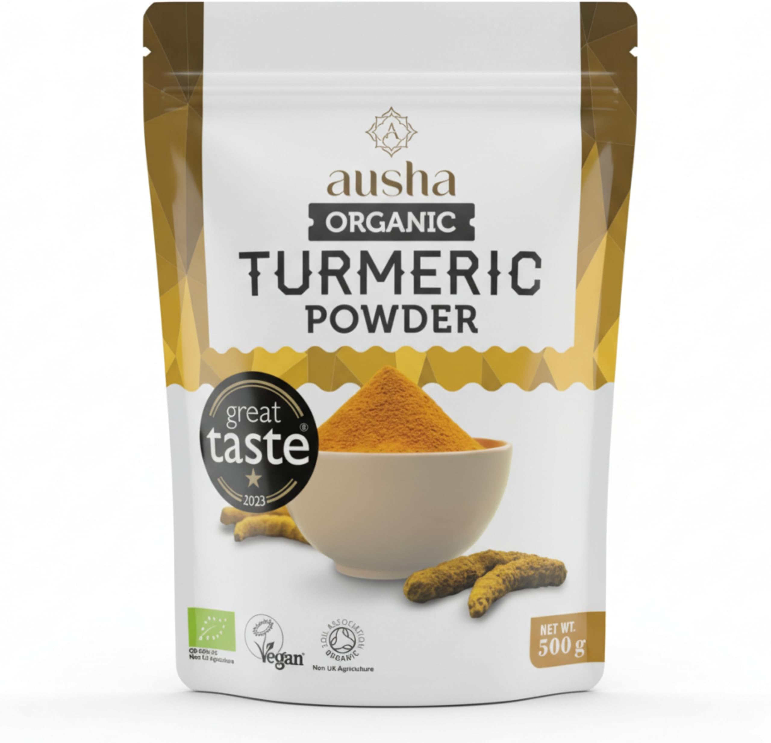 Ausha Organic Turmeric Powder 200g - UK Certified Organic by Soil Association - 1* Great Taste Award 2023- Use in Cooking, Turmeric Shot, Smoothies, Juices - High Curcumin - Tumeric Latte