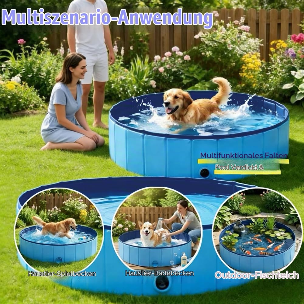 Hundepool 120x30 Faltbar, Hundeplanschbecken, Keine Pumpe benötigt, aus kratzfestem PVC-Material, Anti-Rutsch-Belag & schnelle Entleerung, Hundebadewanne mit Badebürste Ablassventil PVC-Aufnäher x 4