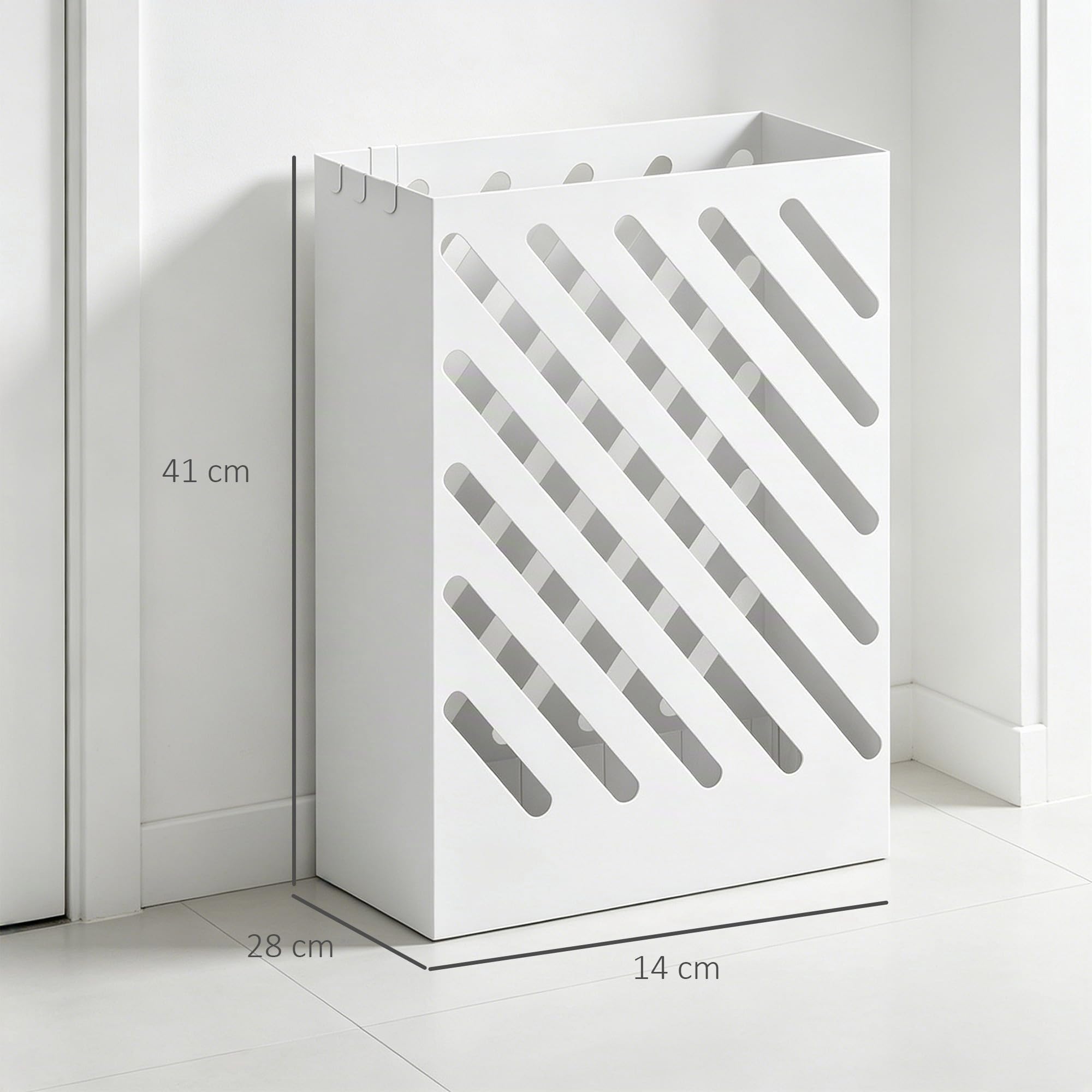 HOMCOM Paragüero de Acero Galvanizado Estrecho 4 Ganchos 28x14x41 cm Blanco | Soporte de Paraguas, Bandeja de Goteo Extraíble, Diseño de Cortes, Entrada, Pasillo, Oficina