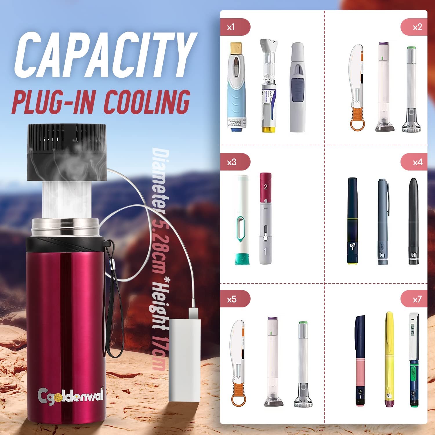 CGOLDENWALL 3-7Pens Custodia da Viaggio per Insulina丨Raffreddamento a Circolazione 2-8℃ LCD della Temperatura Pacchetto ghiaccio TSA Biogel, Raffreddatore Medico Portatile per l'Insulina del Diabete
