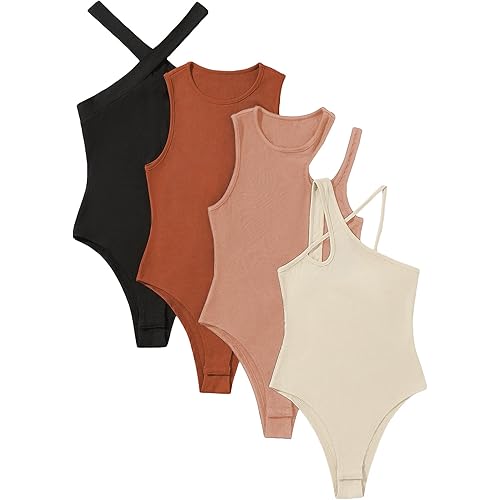 MakeMeChic Women's 4 Piece Sexy Bodysuits Casual Solid Sleeveless Ribbed Knit Shapewear Tank Top Bodysuits