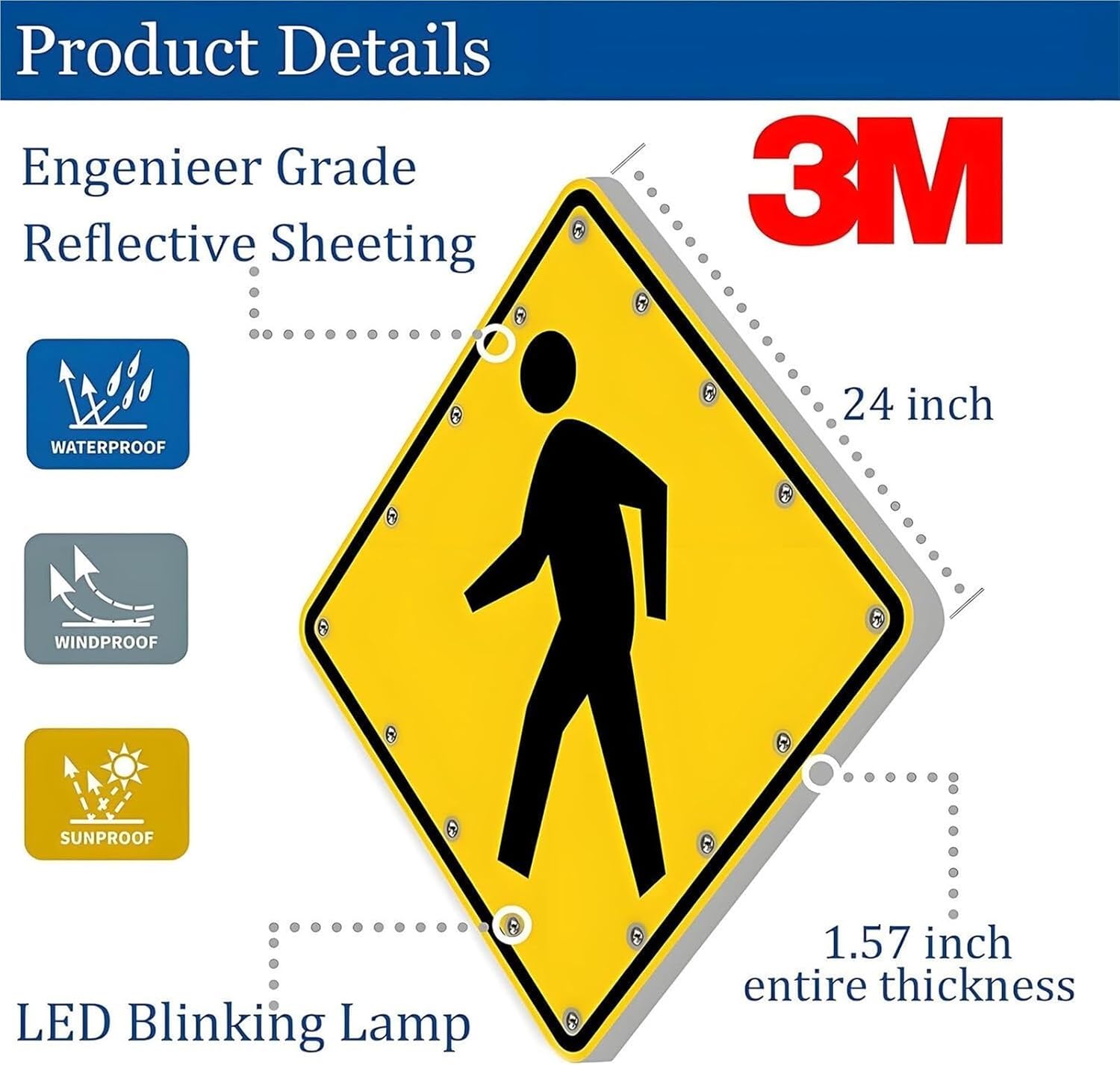 Flashing LED Solar Pedestrian Crossing Sign - Weatherproof Aluminum Traffic Warning Sign for Safe Crosswalks (80x80cm) - Bright Blinking Street Alert Device
