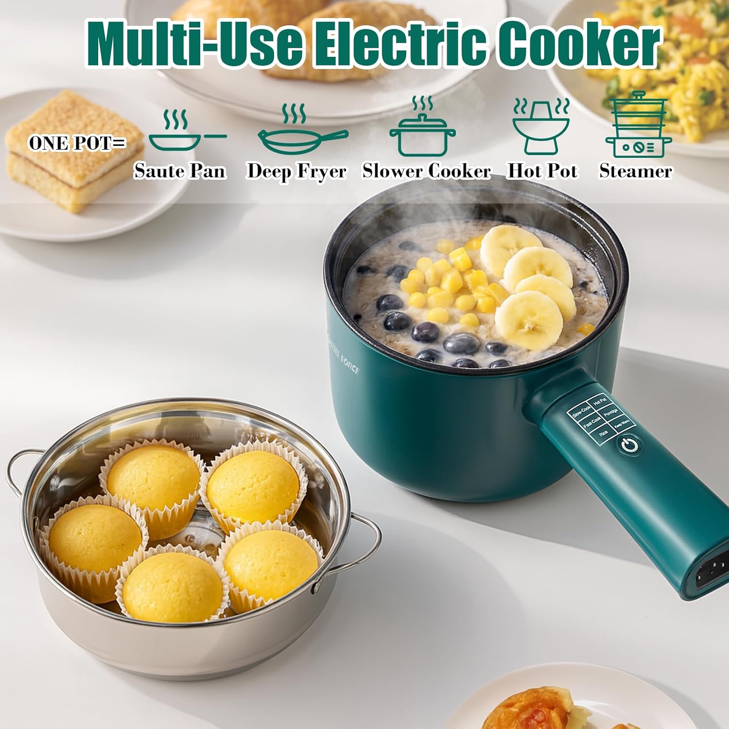 Hot Pot Electric with Steamer,6 Smart Modes, 1.8L Ramen Cooker, Portable Cooker, Non-Stick Frying Pan, Sauté Pan, Electric Pot for Pasta, Egg, Steak, BPA Free, College Dorm Room Essential