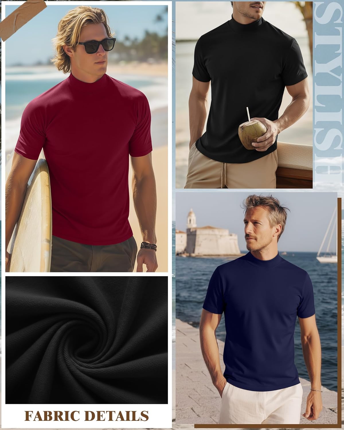 Ficerd 3 Pack Men's Turtle Neck Shirts, Short Sleeve Mock Turtleneck T Shirts Knitted Slim Fit Basic Undershirt Tops, Medium - Image 4