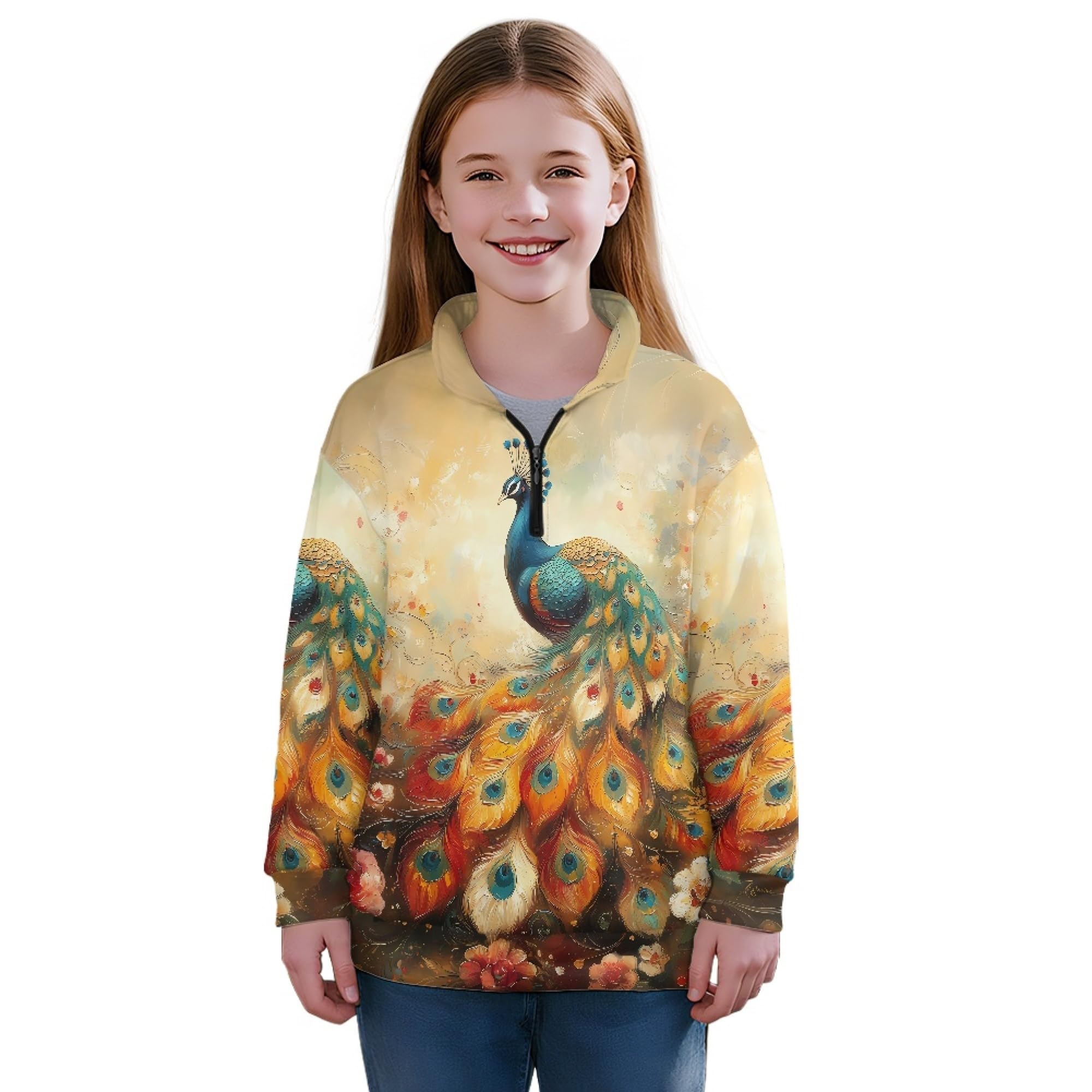 AmzPrint Half Zip Pullover Coat Girls Long Sleeve Pullover Spring Jogger Running Oversized Hoodies For Toddler Girls