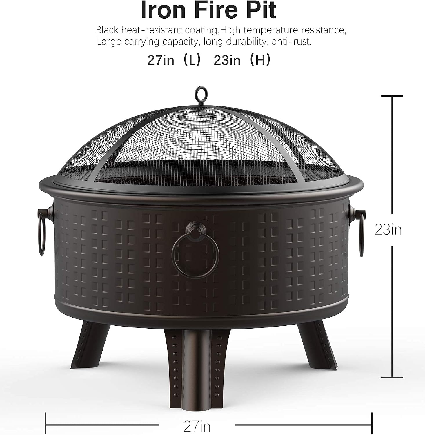 Fire Pit Outdoor Fire Pits for Outside, Round Wood Burning Metal Fire Pit for Patio with Spark Screen Cover and Poker for Backyard Garden Bonfire BBQ
