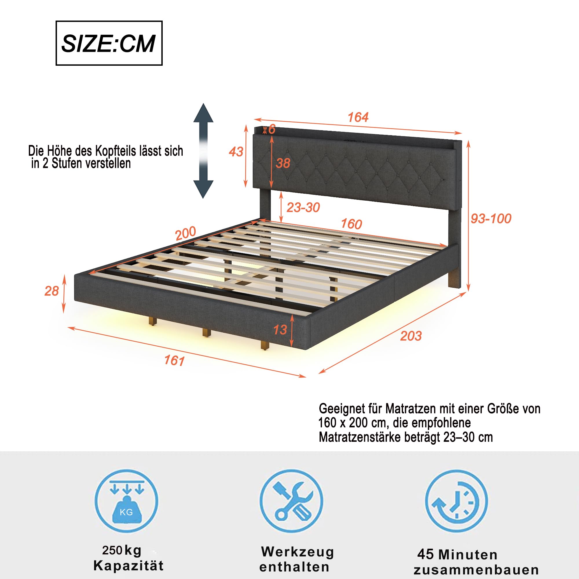 Polsterbett Schwebebett 160x200 mit LED-Beleuchtung, USB-Ladefunktion