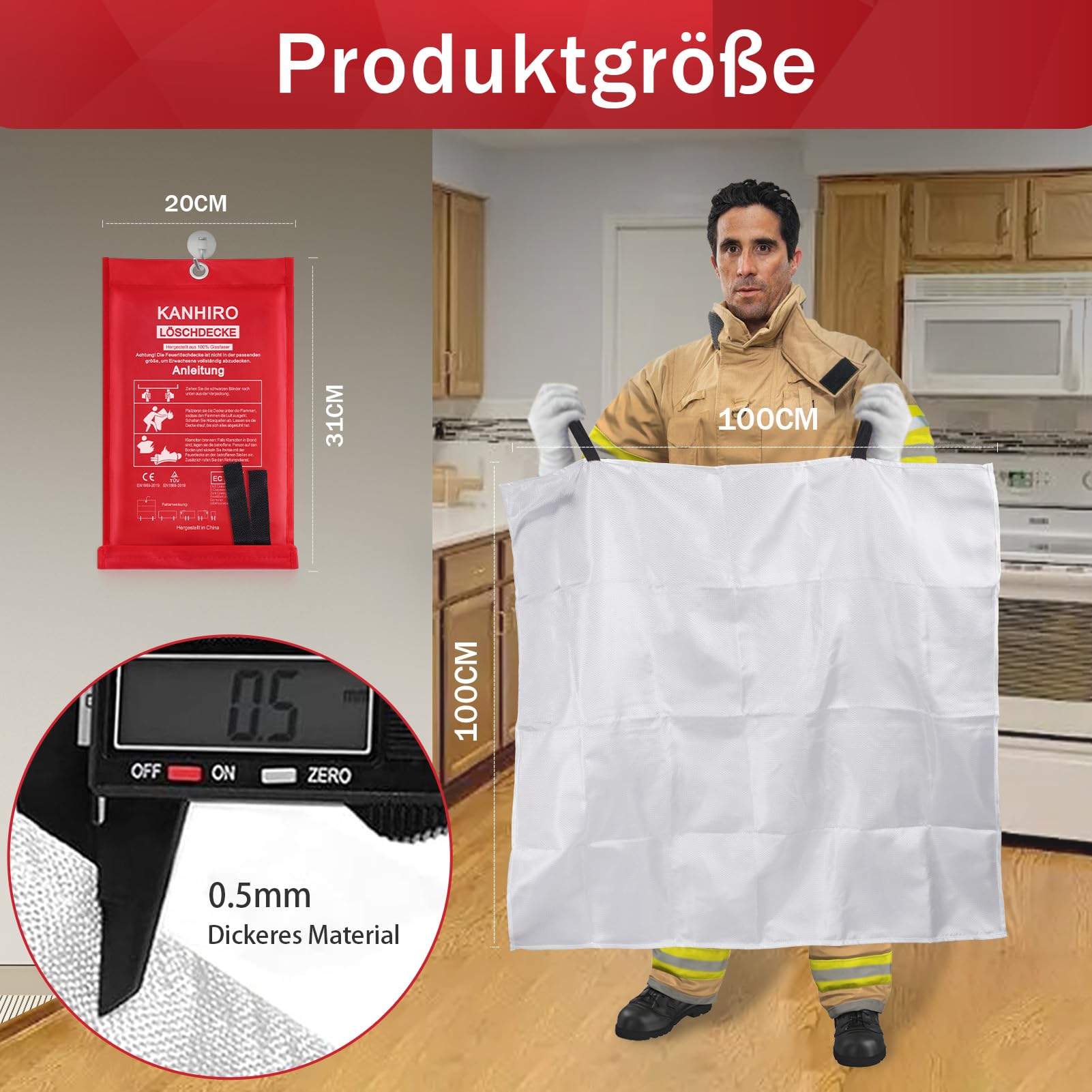 Manta Ignífuga KANHIRO De Fibra De Vidrio | 1.2 X 1.8 Metros | Resistente Hasta 550°C | Certificada DIN EN 1869:2019 | Reutilizable Para Cocina, Chimenea, Barbacoa Y Coche