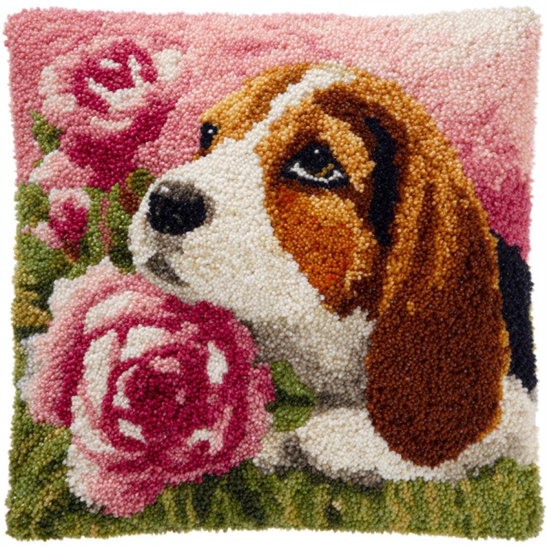 Kitquiver Animal Latch Hook Craft Kits Dogs and Flowers Crochet Needlework Crafts with Latch Hook Tool for Adults DIY Handmade Home Cushion Kits Decor 17x17In