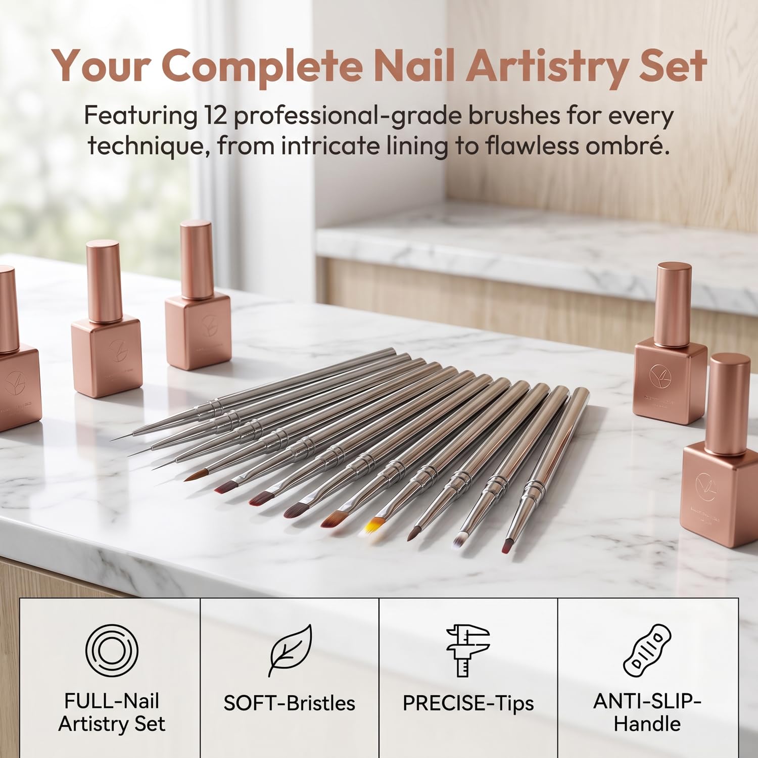 Set di 12 pennelli professionali per nail art, kit di pennelli per unghie in gel con fodera, pennelli piatti e dettagliati per nail art, salone e manicure fai da te