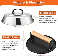Vista 2 de Leonyo Cúpula de fusión y prensa de parrilla de hierro fundido, cubierta de hilvanado de 12 pulgadas con prensa redonda de tocino, triturador