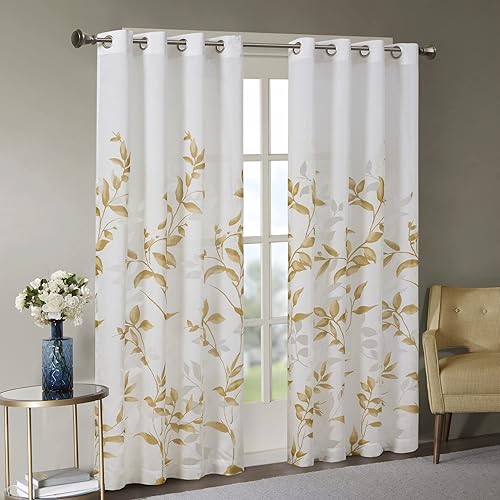 Cortina Madison Park Cecily semitransparente, para ventana, con estampado botánico brocado, fácil de colgar, para cortineros de hasta 1.25 pulgadas