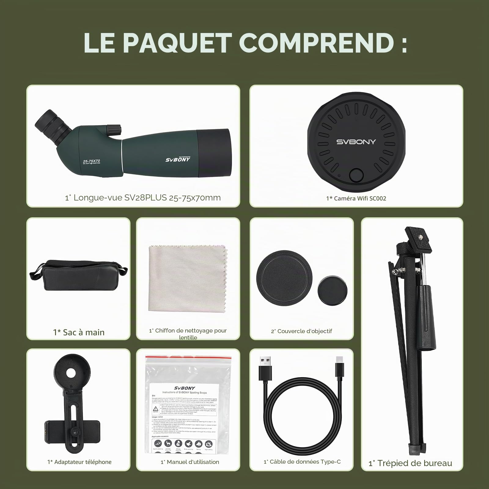 Svbony SV28PLUS Upgrade 25-75x70 mm Longue-Vue, avec SC002 Wi-Fi Caméra, BAK4 A5 Rouge vin FMC Revêtement, Longue-Vue avec Téléphone Adaptateur, Sac Trépied, pour Observation des Oiseaux, Photographie