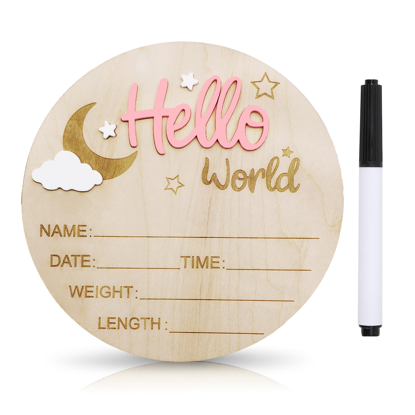 Baby Announcement Sign, 5.9 Inch Wooden Hello World Newborn Signs, Birth Announcement Sign and Pen, Moon and White Cloud Decoration, Welcome Newborn