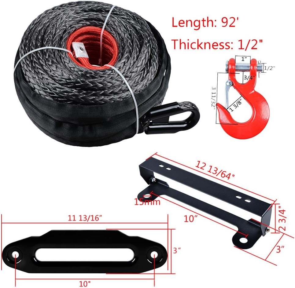 92ft x 1/2" Synthetic Winch Rope Protective Sleeve w/RED Hook + 10" Bolt Black Hawse Fairlead + 254mm Flip-Up License Plate Holder Kit Compatible with Jeep Accessories ATV UTV Boat Pickup Truck
