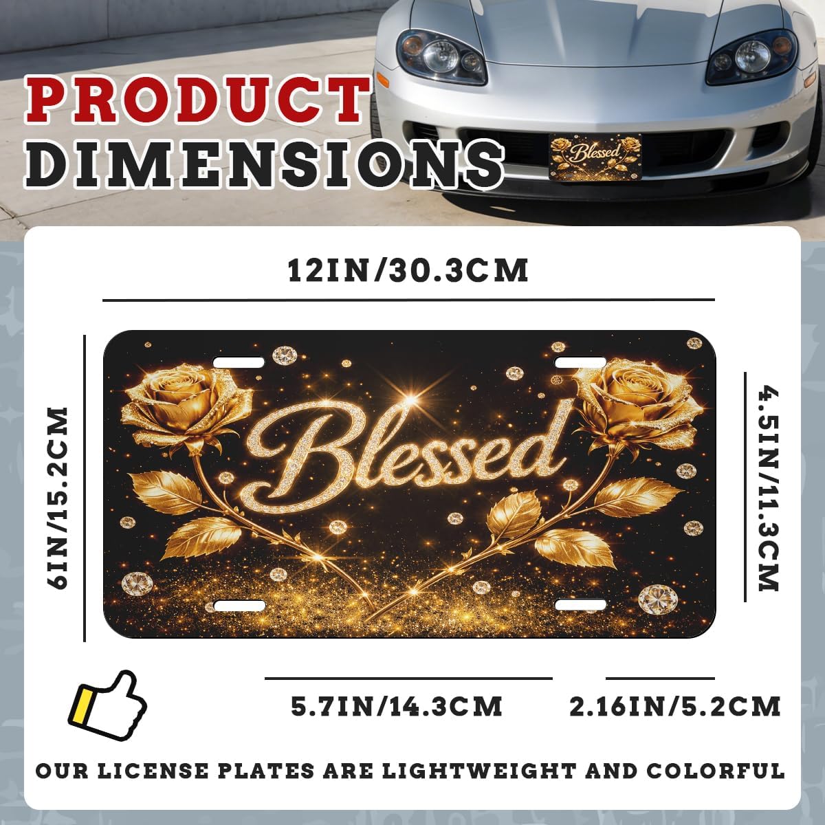 Gold Rose Blessed Front License Plate Blessed Car Decorative License Plates Aluminum Metal Decor Accessory Novelty Vanity Tag Cover with 4 Holes for Men Women 6" X 12" image 2