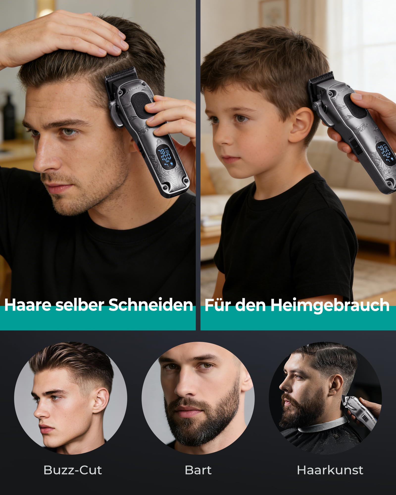 VGRPRO Haarschneidemaschine Profi Akku kabellos Clipper mit Etui LED-Anzeige Grau