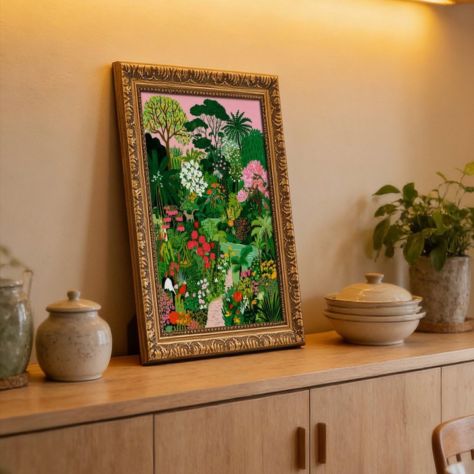 AYINUER Kunstdruck auf Leinwand, Motiv: tropischer Garten, für Schlafsaal, Dekoration, Geschenk | 50,8 cm L x 76,2 cm B, Retro-Goldrahmen, mehrere Größen, mehrere Rahmenstile, Wandkunst, Dekobild, Heimdekoration