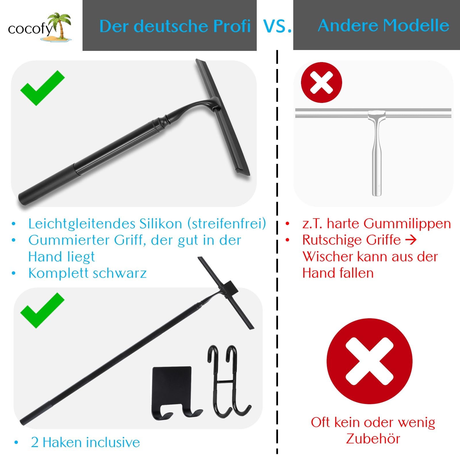 Duschabzieher mit Teleskopstiel 43-153 cm lang 35 cm breit, 2 Haken, Langer Stiel, Teleskop, Bodenabzieher schwarz, Abzieher Teleskop, schwarz