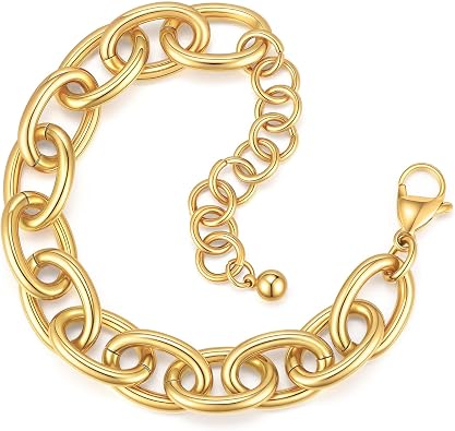 Chunky Gold Bracelets for Women - 18K Gold Plated Cuban Link Bracelet, Stainless Steel Non-tarnish Personality Thick Chain Trendy Jewelry Gifts, Christmas Valentines Prom Birthday Gift for Girlfriend