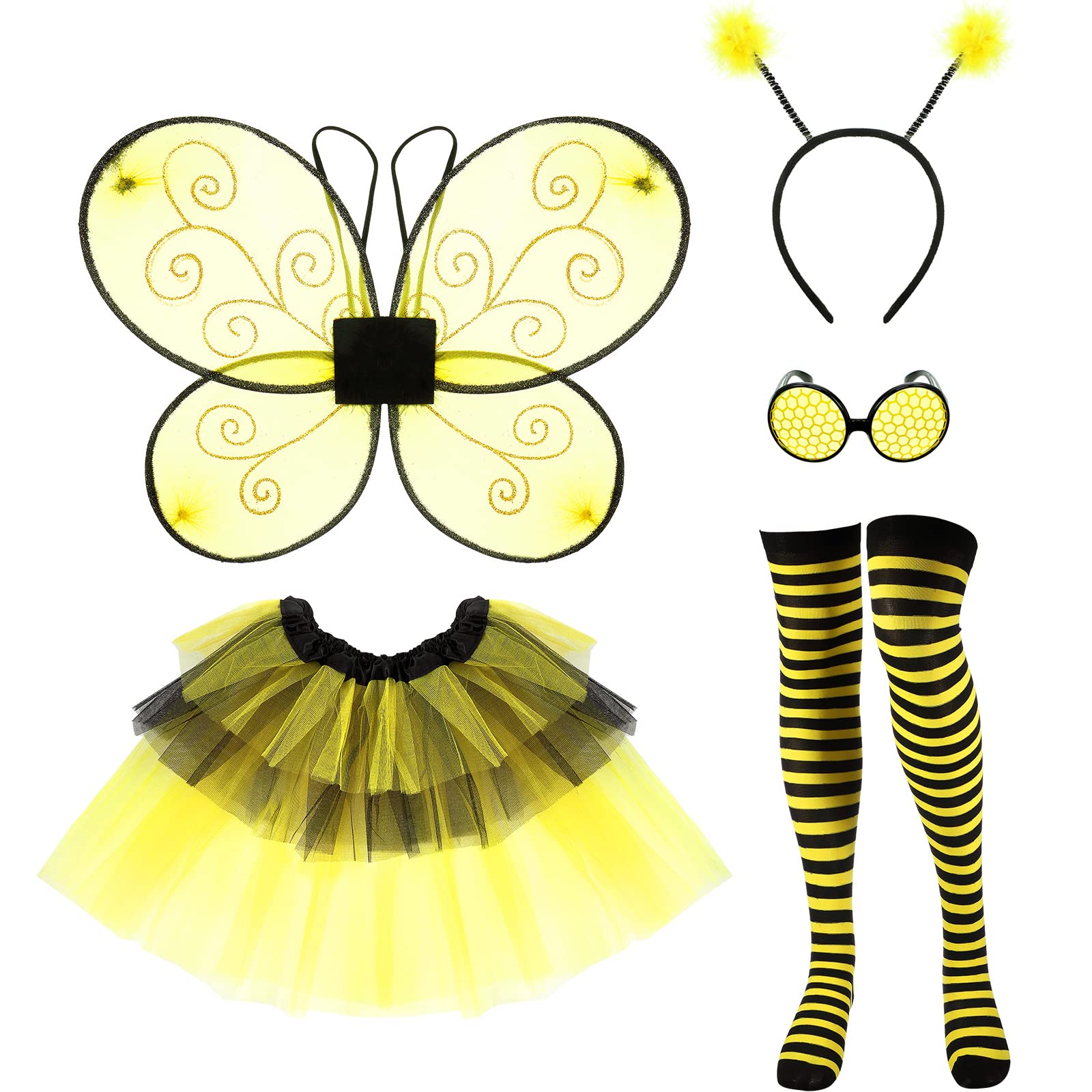 SATINIORBee Costume Kit for Women Tutu Skirt Bee Wings Headband Striped High Leg Warmers for Halloween Cosplay Party
