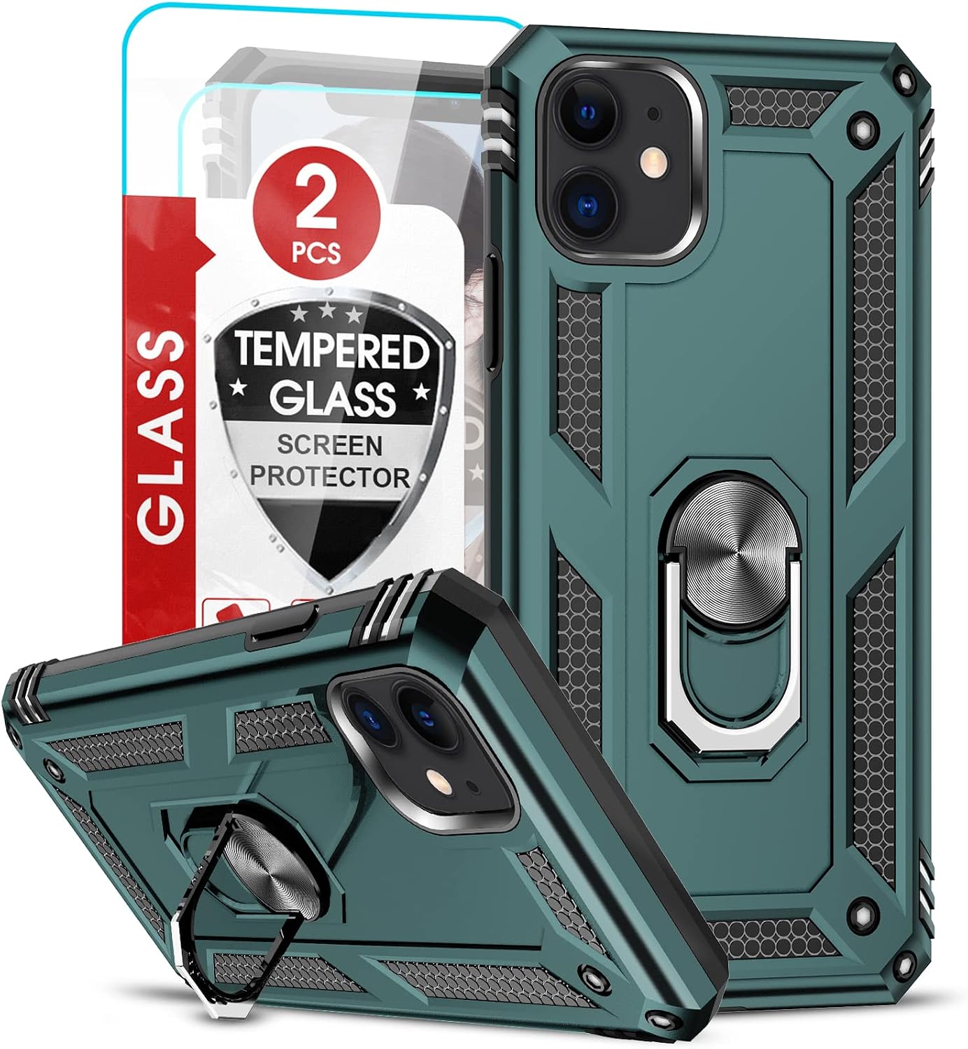 LeYi Compatible for Phone Case iPhone 11 with 2PCS Tempered Glass Screen Protector, 2 in 1 Armor Protective Case Cover with Ring Magnetic Car Mount Kickstand for iPhone 11 6.1 inch, Midnight Green