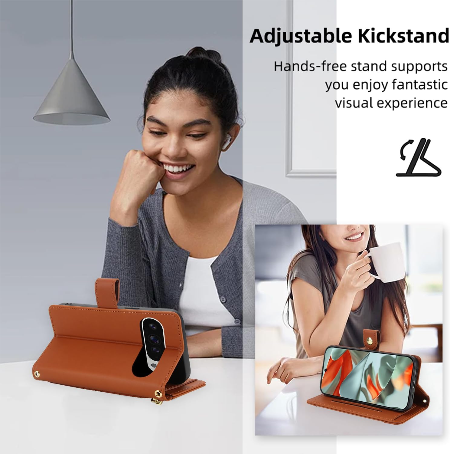 Asuwish Phone Case for Google Pixel 10 Pro XL Zipper Wallet Cell Cover, with Tempered Glass Screen Protector and Crossbody Wrist Strap, Credit Card Holder Pixel10 10Pro 10ProXL Ten Women Girls Brown