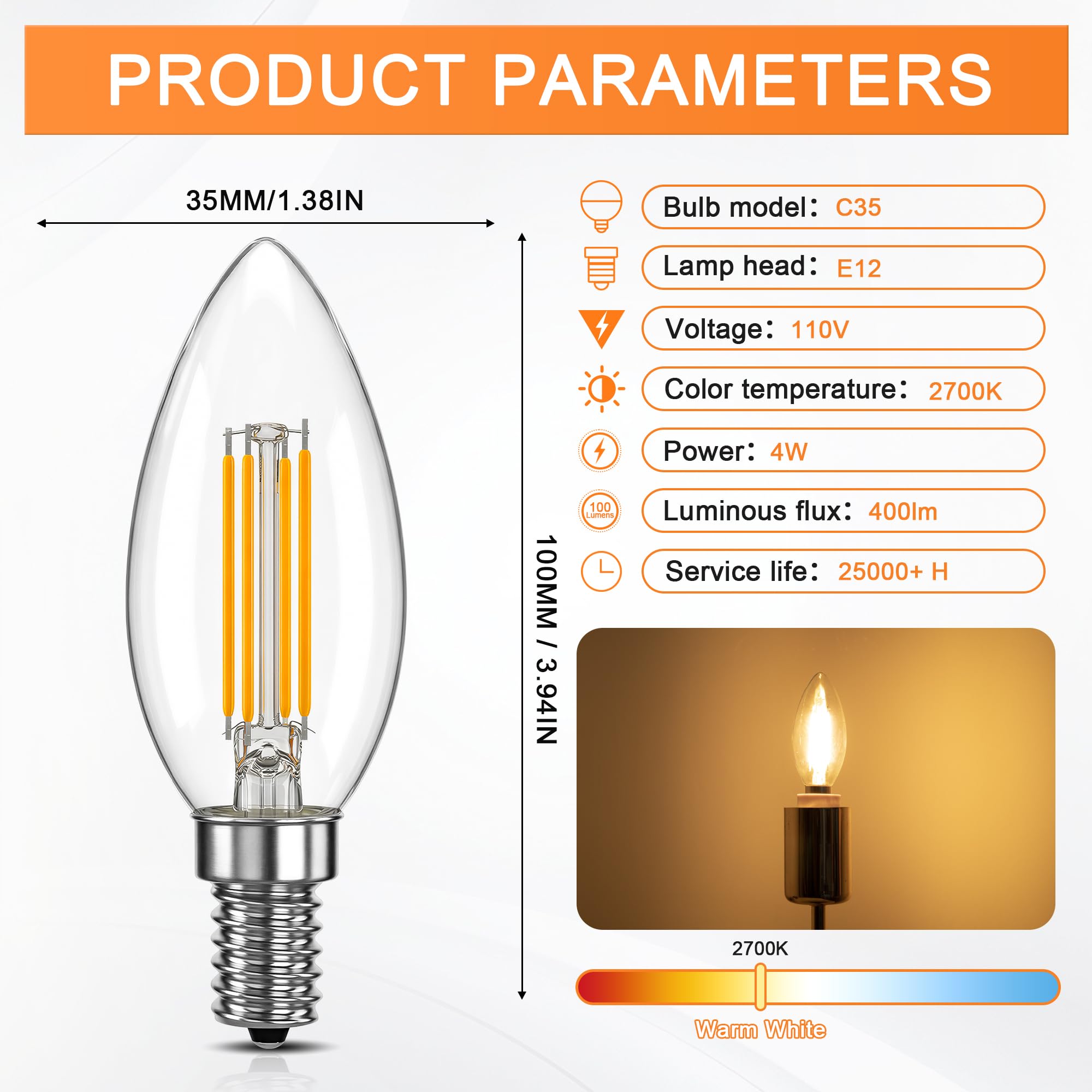 ToBeGreat Candelabra Bulb E12 Dimmable 60W Equivalent LED Chandelier Light Bulbs Clear B11 LED Filament Candle Bulbs 2700K — view 2