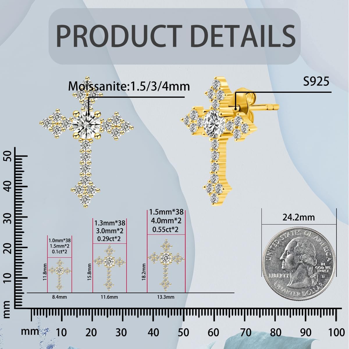 Moissanite Cross Earrings for Men Women, 925 Sterling Silver Cross Stud Eearrings D Color VVSI Moissanite Stud Earrings Crucifix Jewelry - Image 4