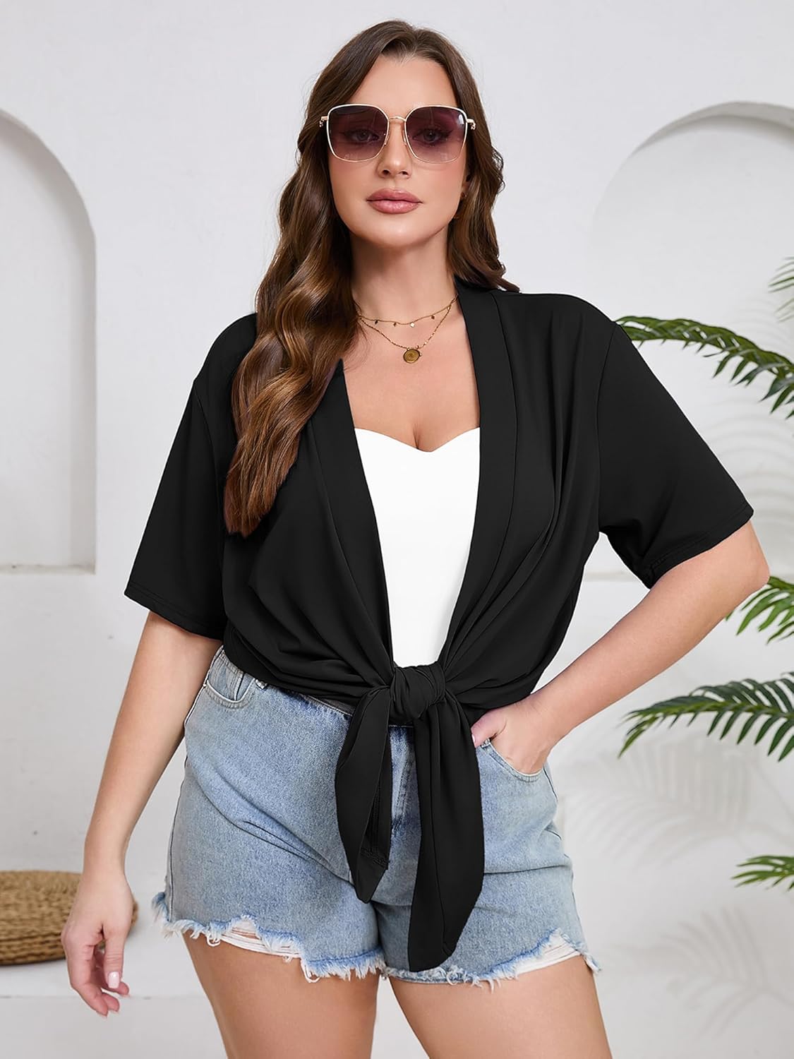 AusLook Women's Plus Size Lightweight Open Front Cardigan Short Sleeve Cover Ups Shrugs Shawls and Wraps Kimono Jacket Coat - Image 3