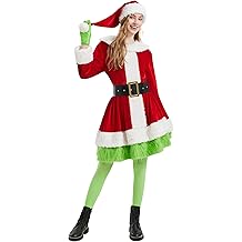 Christmas Dress for Women 5 Pcs Furry Costume Suit Mrs Claus Outfits with Hat Belt for Xmas Holiday
