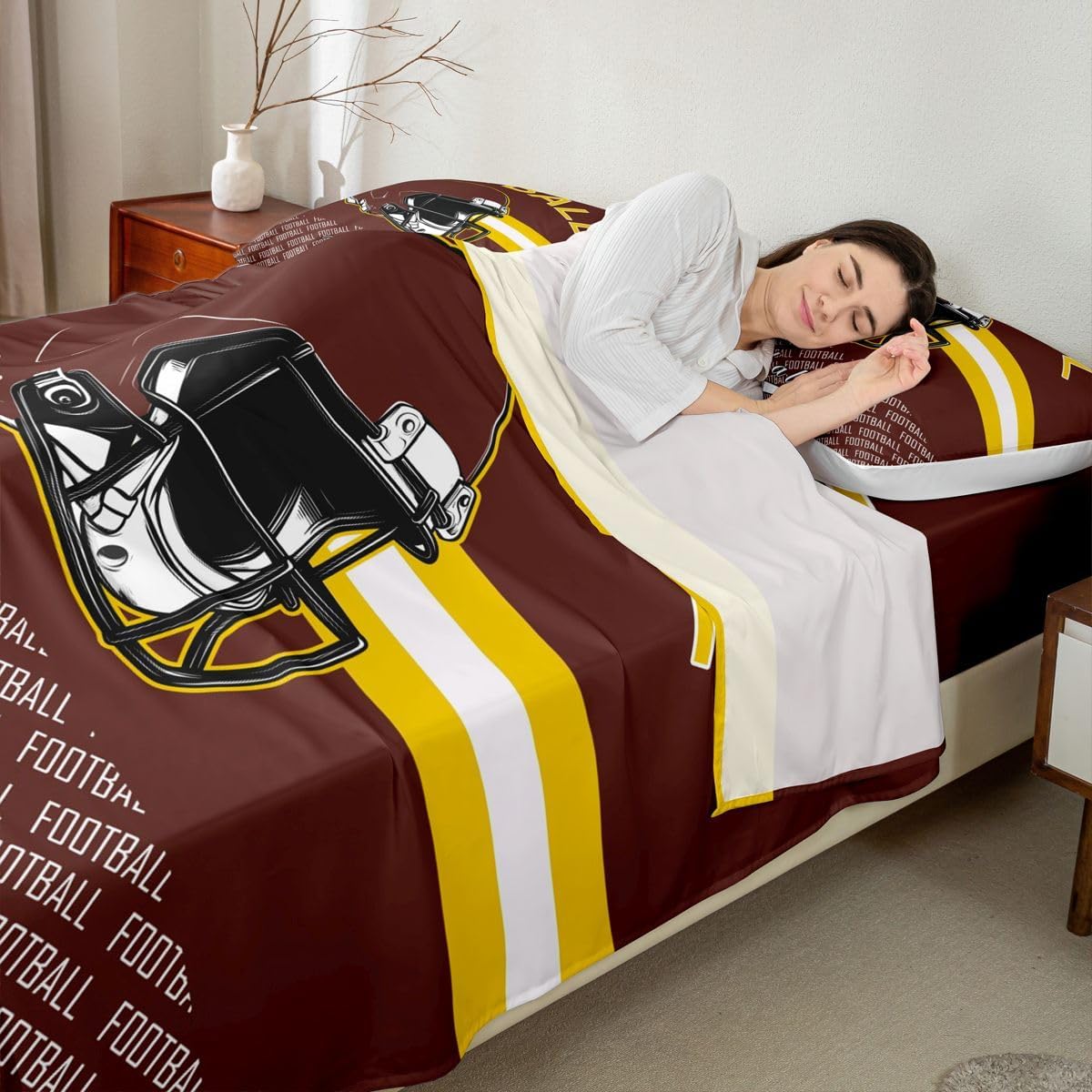 Feelyou Football Bed Sheets Set Queen Size Sports Deep Pocket Fitted Sheet Football City Bedding Sets Sports Games Soft Bed Set 4Pcs with 2 Pillow Cases