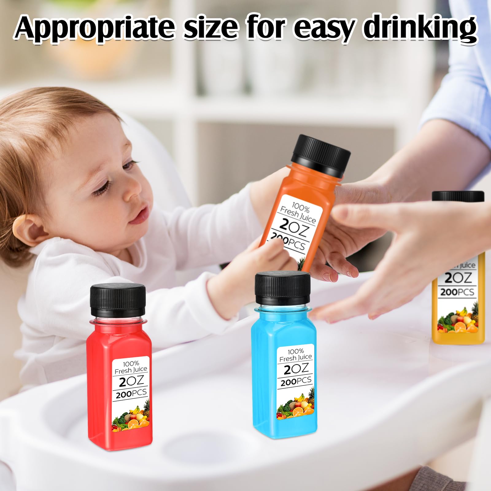 Sliner 200 botellas pequeñas de plástico de 2 onzas para jugo de jengibre con tapas, vial líquido, reutilizable, transparente, con tapa, aptas para congelador, a prueba de fugas, para jugo, leche,