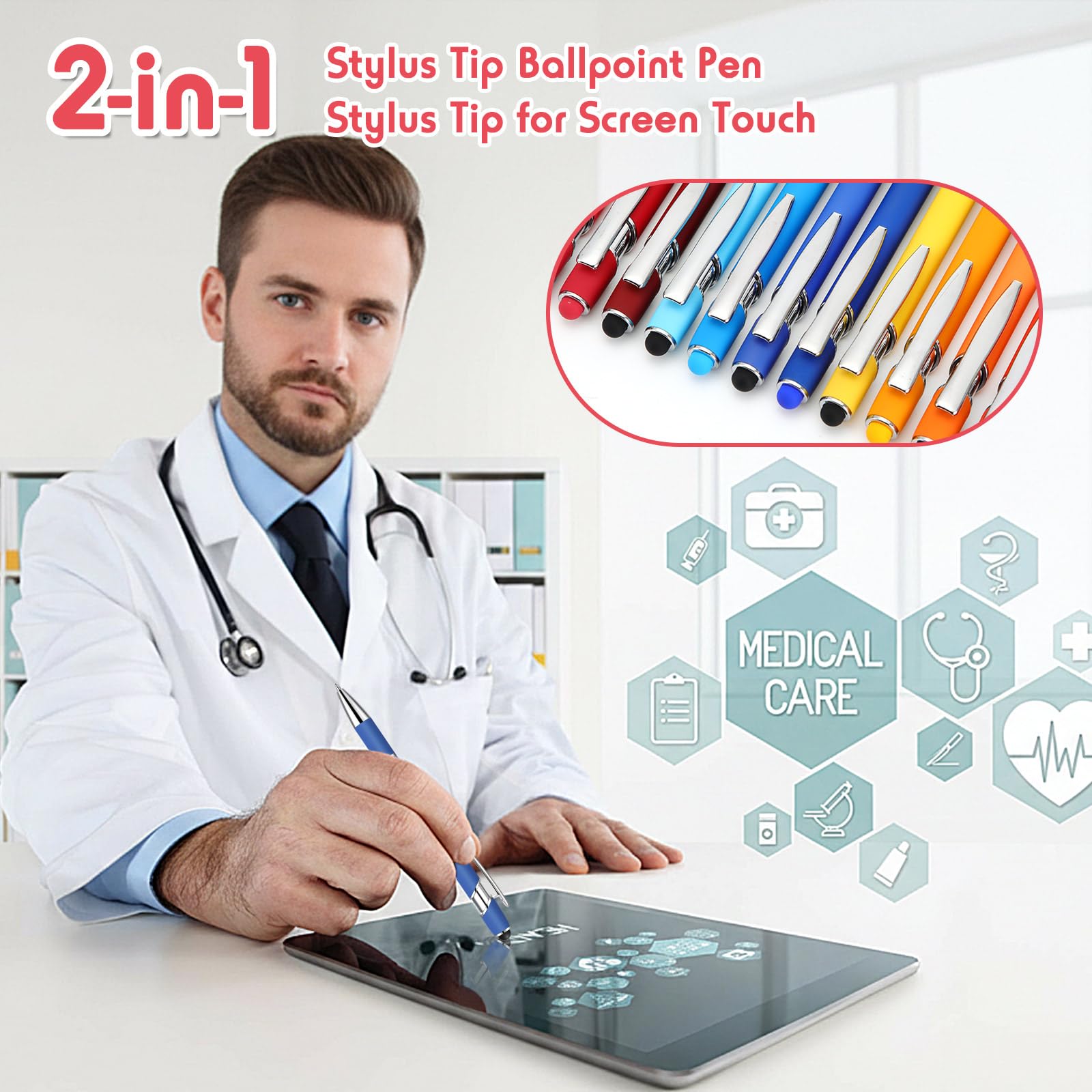 Yeaqee 200 penne a sfera con punta stilo a scatto, inchiostro nero 2 in 1, punta media da 1,0 mm, penna stilo in metallo per tablet touch screen (colori vivaci)