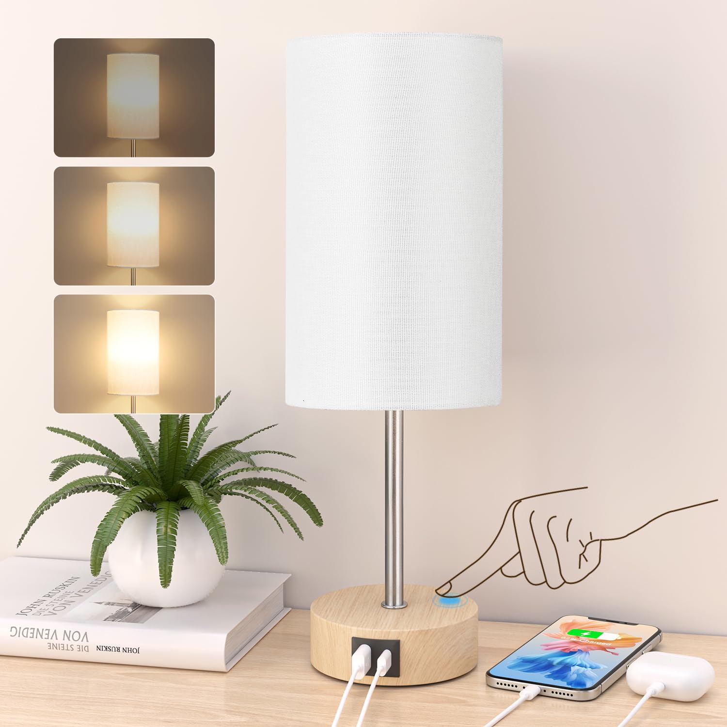 Bedside Lamp for Bedroom, Touch Table Lamp with USB A+C Charging Ports, 3-Way Dimmable Table Night Lamps for Living Room Decor with Grey Fabric Shade (LED Bulb Included)