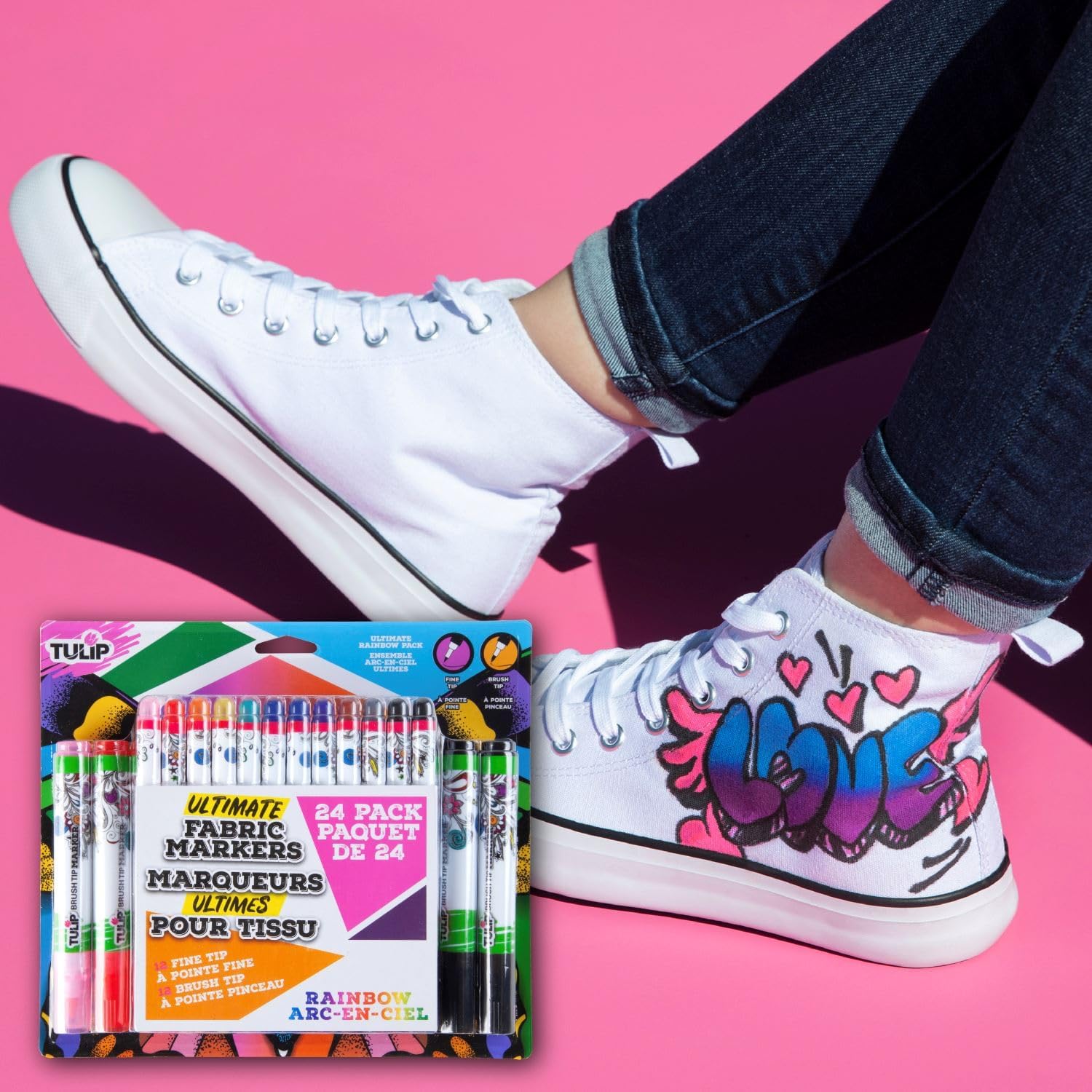 Tulip Fine Tip & Brush Tip Permanent Fabric Markers Ultimate Rainbow Pack, 24 Colors, Non-Toxic