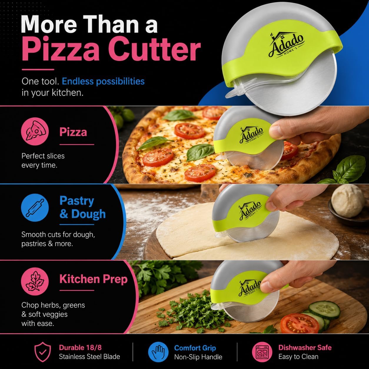 Pizza Cutter Wheel and Pizza Slice Server Combo Set, Stainless Steel with Ergonomic Non-Slip Handle Pizza Spatula, Pie & Cake Server, Dishwasher Safe, Kitchen Tools and Gadgets, Kitchen Essentials