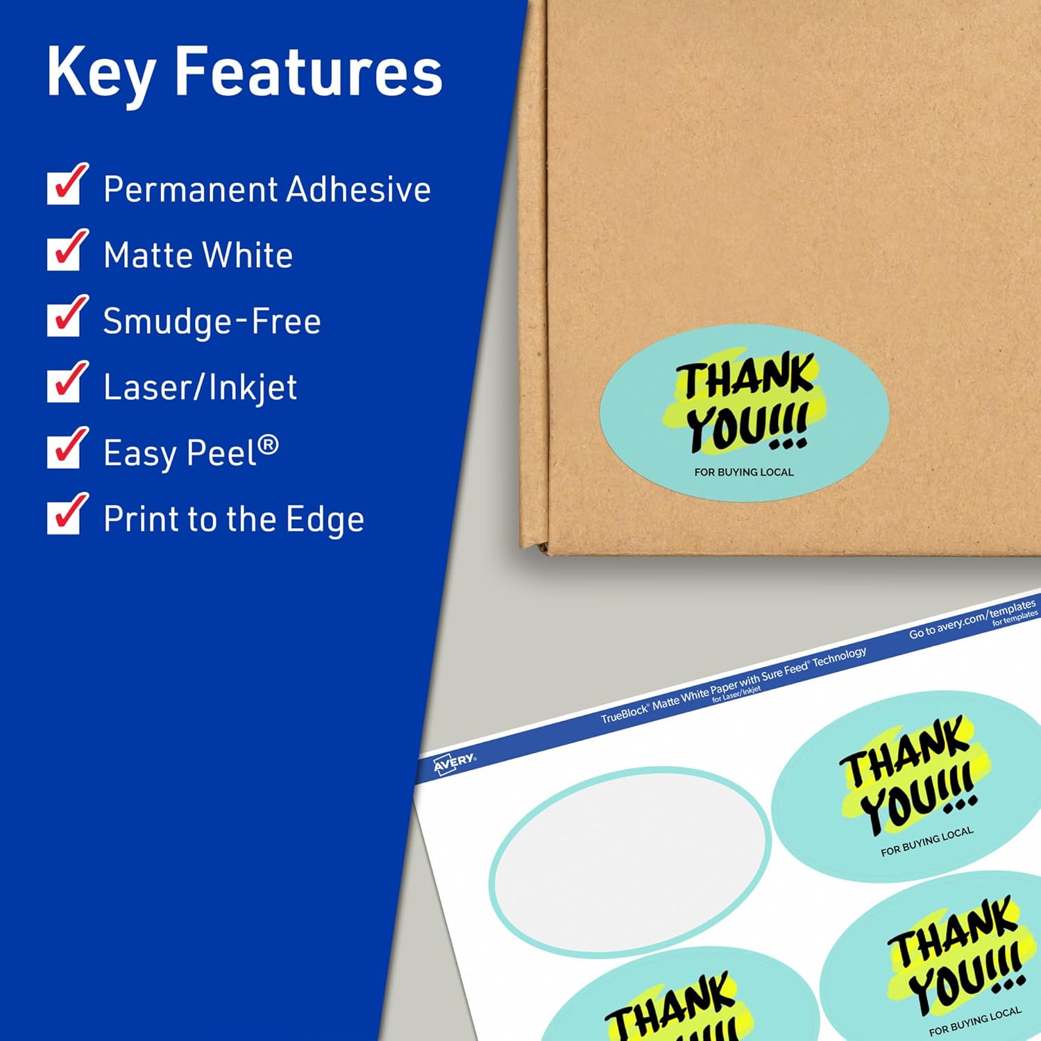 Avery TrueBlock Matte White Oval Labels, Sure Feed Technology, 2" x 3-1/3", 400 Matte White Labels, Print-to-The-Edge, Laser/Inkjet Printable, Great for Packaging and Product Merchandising