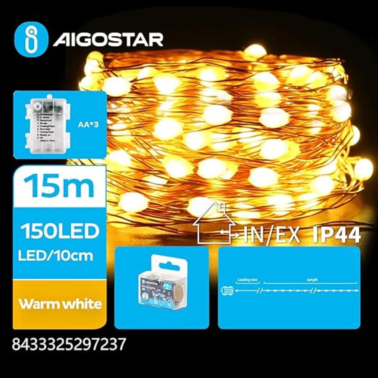 Glowster LED Copper Wire String Lights 3AA Battery 15m Warm White for Indoor and Outdoor Decoration