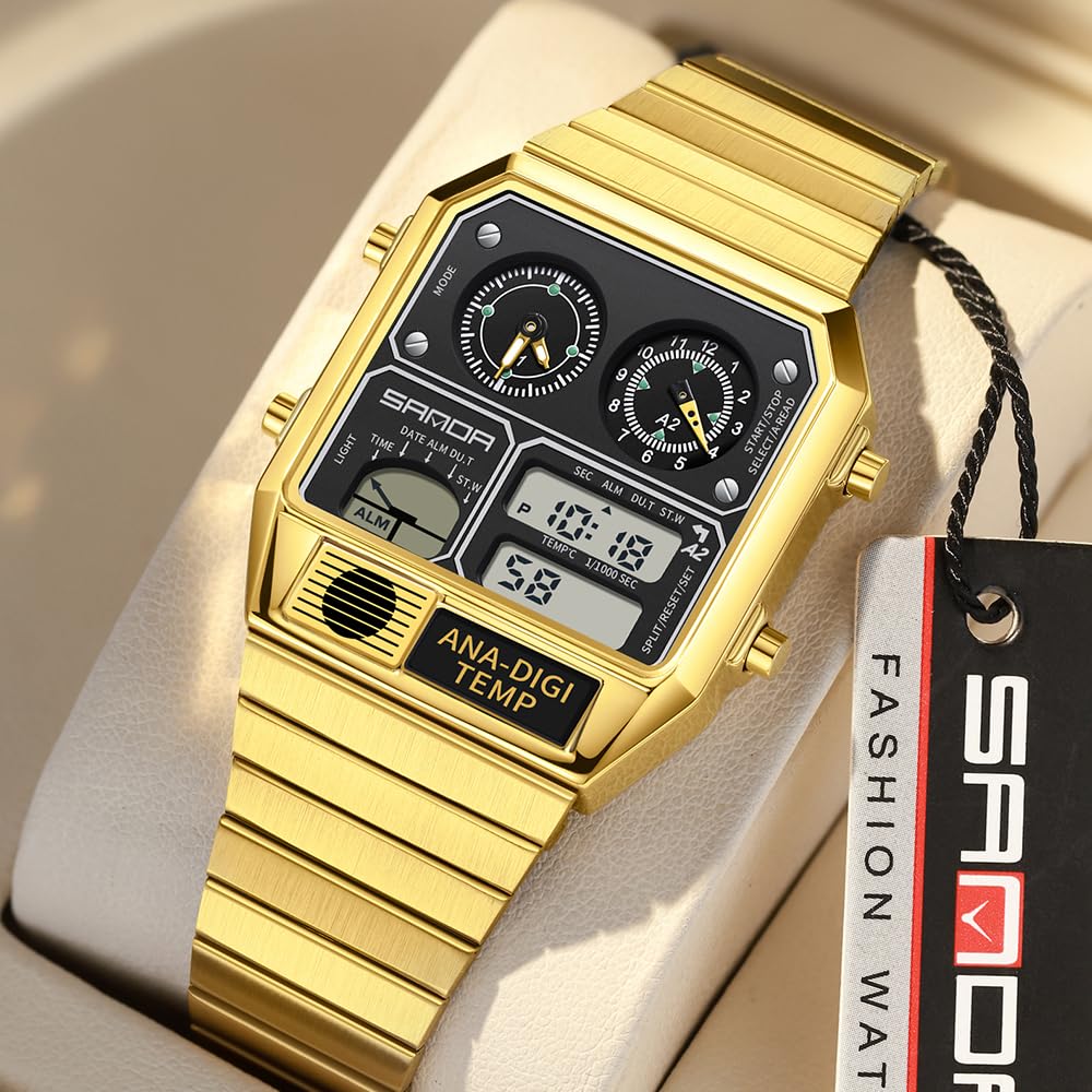 MASTOP Quadratische Retro-Digitaluhr mit Temperaturanzeige, Unisex, 19,1 cm, analog, 3 Zeitzonen, leuchtende Hintergrundbeleuchtung, 50 m wasserdicht, Wecker, Stoppuhr, Woche/Datum, Goldweiß