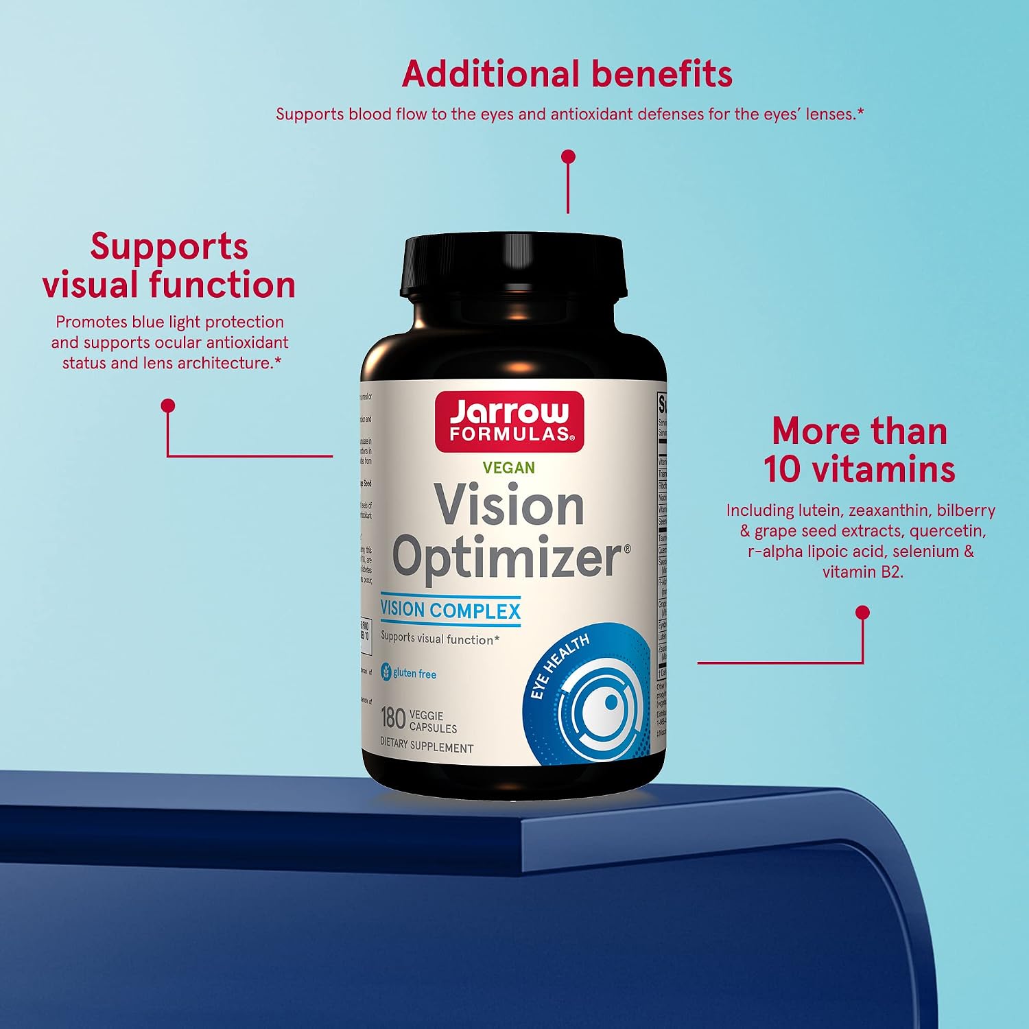 Jarrow Formulas Vision Optimizer - 180 Veggie Capsules - Supplement Supports Visual Function & Eye Health - Contains More Than 10 Vitamins, Phytonutrients & Herbs - 60 Servings