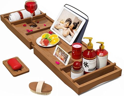 Bandeja de bañera extensible - Estante de baño para bañera con cepillo de ducha gratis y soporte para jabón como idea de regalo para tus seres