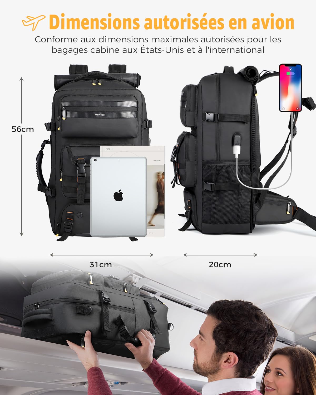 Ponhog Travel Backpack for Men - 50L Convertible Duffle Bag with Shoe Compartment, Carry On Laptop Backpack with USB Charging Port, Hiking Backpack Gym Daypack Water Resistant Rucksack