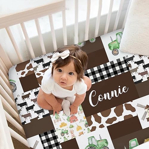 Personalized Farm Theme Baby Crib Sheets with Name, Custom Patchwork Design Crib Mattress Sheets for Baby Girls Boys, Fitted Crib Bedding Sheets, Pack and Play Sheet, Mini Crib Sheet | Name Crib Sheet