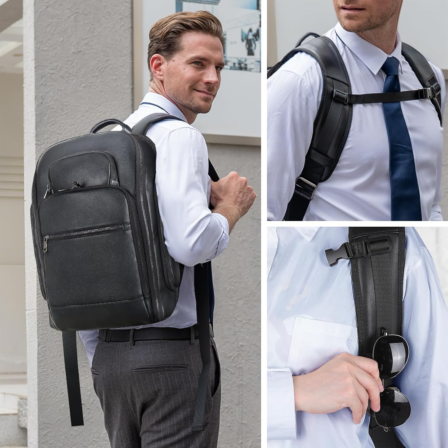 TIDING Men's Leather Laptop Backpack Fits 15.6 Inch Computer, TSA Approved & Water Resistant Work Daypack Business Travel Rucksack, Black - Image 7