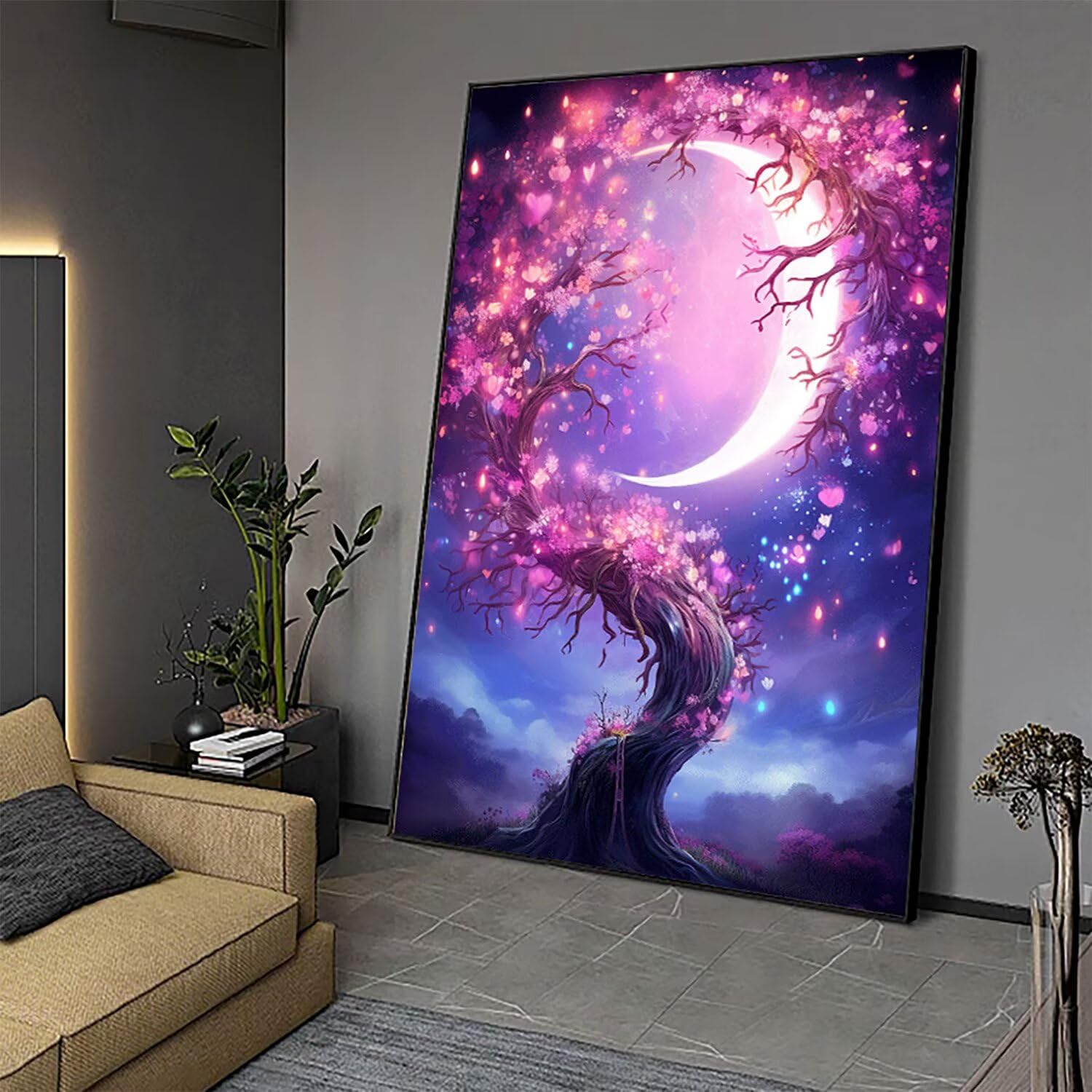 Obraz diamentowy duży 90 x 60 cm księżyc malarstwo diamentowe kompletny zestaw, DIY pełne wiertło drzewo mozaika kryształ górski malarstwo diamentowe, kryształowa sztuka malarstwo kreatywne koraliki